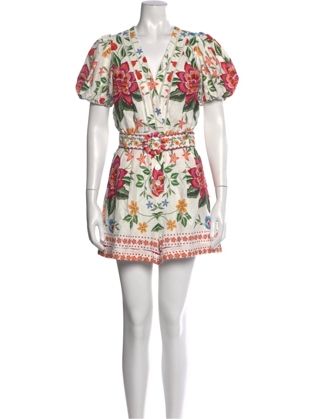 White Floral Embroidered Puff-Sleeve Romper